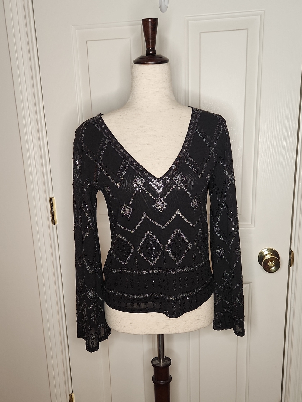 Express Black Sequin Bell Sleeve Top Size XS